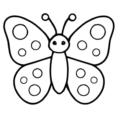 Simple butterfly coloring page of a butterfly with big matching wings decorated with circles, thick outlines.