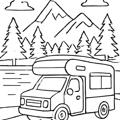 Car coloring page of a camper van parked by a lake, with pine trees and mountains in the background.