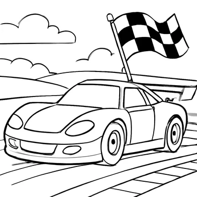 Car coloring page of a race car speeding along a track past a checkered flag, with hills and clouds behind.