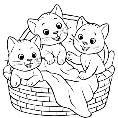 Cat coloring page of three kittens playing in a wicker basket with a blanket hanging over the side.