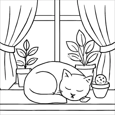 Cat coloring page of a cat curled up asleep on a windowsill between potted plants, with curtains on both sides.