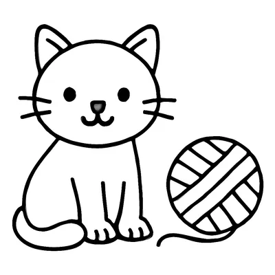 Simple cat coloring page of a smiling cat sitting next to a ball of yarn, thick outlines for young children.