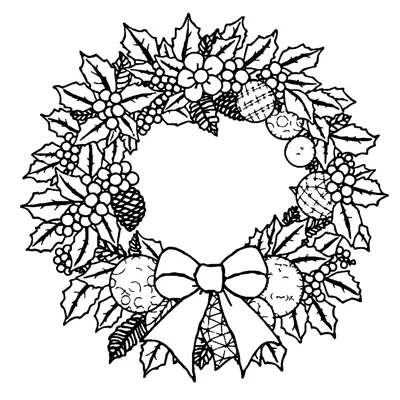 Detailed Christmas coloring page for adults of a round wreath of holly leaves, berries and pine cones with patterned ornaments and a large ribbon bow at the bottom.