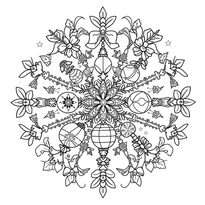 Detailed Christmas coloring page for adults of a round symmetrical mandala made of ornaments, a central snowflake, stars, holly leaves and ribbon bows.