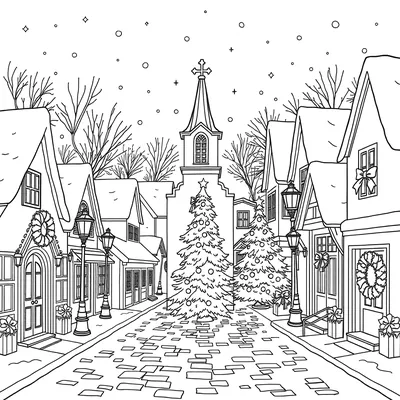 Detailed Christmas coloring page for adults of a snowy village street with a church tower, houses, lamp posts, wreaths on the doors and two decorated trees under falling snow.