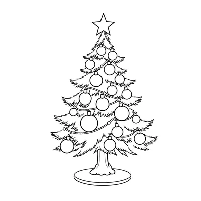 Coloring page of a Christmas tree with round ornaments, a swirling garland and a star on top, standing on a round tree stand.