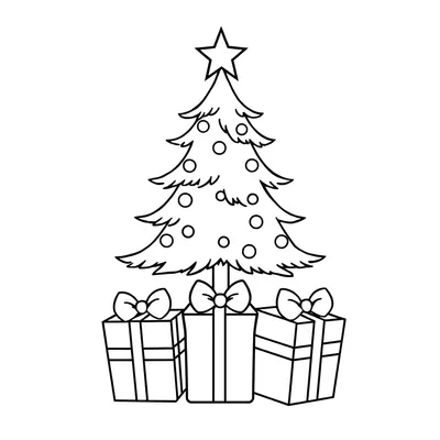 Simple coloring page of a Christmas tree with round ornaments and a star on top, and three wrapped presents with bows at its base.