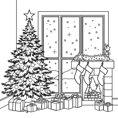 Detailed coloring page of a decorated Christmas tree beside a window with falling snow, stockings hanging from a fireplace mantel and presents on the floor.