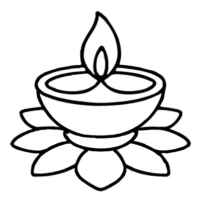 Simple Diwali coloring page of a lit diya, a small clay oil lamp with one flame, resting on a large flower, thick outlines.