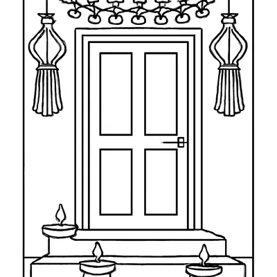 Diwali coloring page of a front door with two hanging paper lanterns, a string of marigold flowers above it and diyas on the steps.