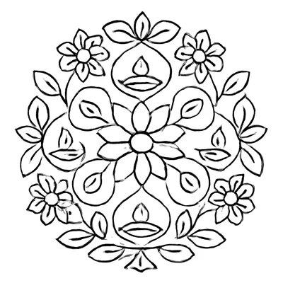 Diwali coloring page of a round, symmetrical rangoli of flowers, leaves and petals, with small diyas around the center.