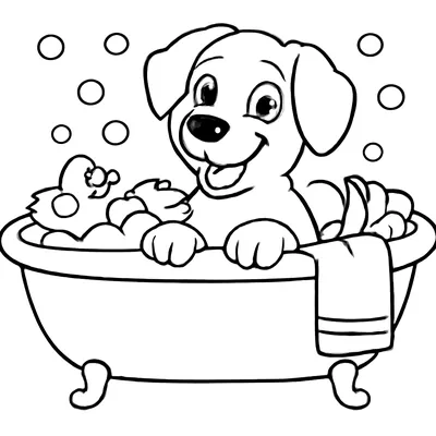 Dog coloring page of a smiling dog in a clawfoot bathtub full of bubbles, with a rubber duck and a towel.