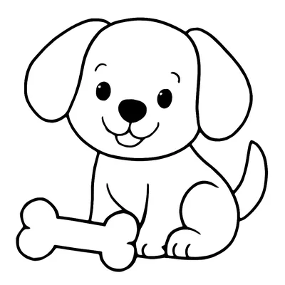 Simple dog coloring page of a happy puppy with floppy ears sitting next to a big bone, thick outlines.