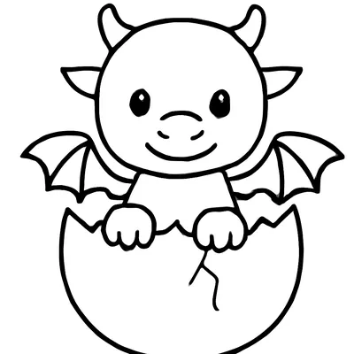 Simple dragon coloring page of a smiling baby dragon with small horns and little wings hatching from a cracked egg.