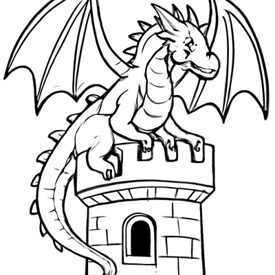 Dragon coloring page of a dragon with bat-like wings, horns and spikes along its back, perched on top of a stone castle tower.