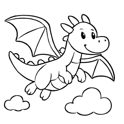 Simple dragon coloring page of a friendly dragon flying with its wings spread wide above two clouds, thick outlines.