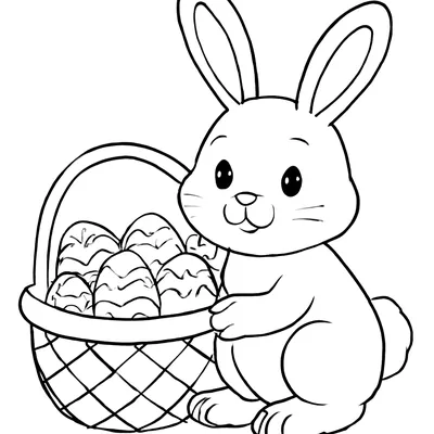 Easter coloring page of a smiling bunny beside a woven basket filled with patterned eggs.