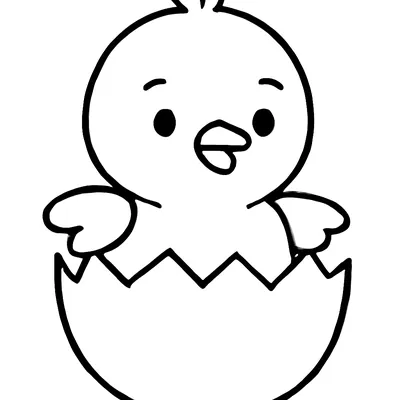 Easter coloring page of a baby chick hatching from a cracked egg, thick black outlines for young children.
