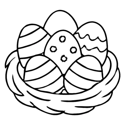 Easter coloring page of a nest holding five Easter eggs decorated with stripes, dots and zigzags, thick outlines for young children.