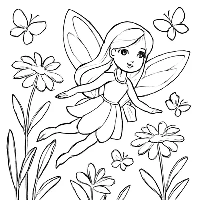 Fairy coloring page of a fairy with long hair and petal-shaped wings flying among tall flowers and butterflies.
