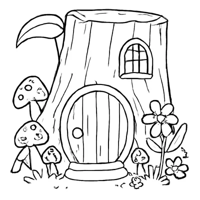 Fairy coloring page of a fairy house built into a tree stump, with a round door, a window, mushrooms and flowers.