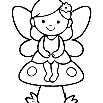 Simple fairy coloring page of a little fairy with butterfly wings and a flower in her hair sitting on a spotted mushroom.