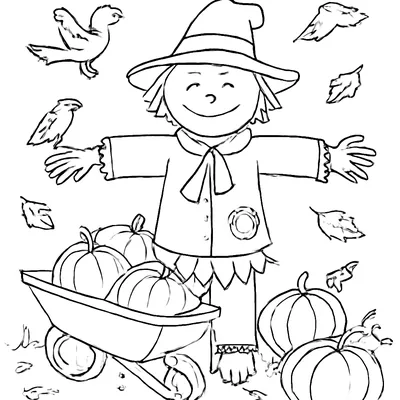 Fall coloring page of a smiling scarecrow in a pumpkin patch with a wheelbarrow of pumpkins, two crows and falling leaves.