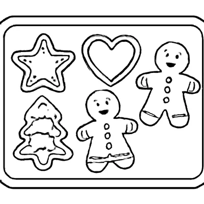 Gingerbread coloring page of a baking tray of iced cookies: a star, a heart, a Christmas tree and two gingerbread people.