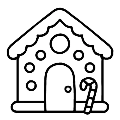 Simple gingerbread house coloring page with a scalloped icing roof, round candy decorations, an arched door and a candy cane.