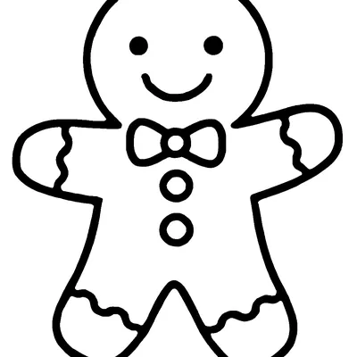 Simple gingerbread coloring page of a smiling gingerbread man with icing on his arms and feet, three buttons and a bow tie.