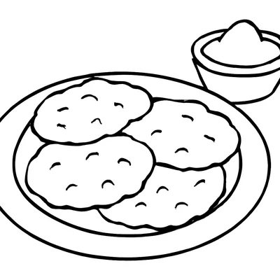Simple Hanukkah coloring page of four potato latkes on a plate with a small bowl of applesauce, thick outlines.