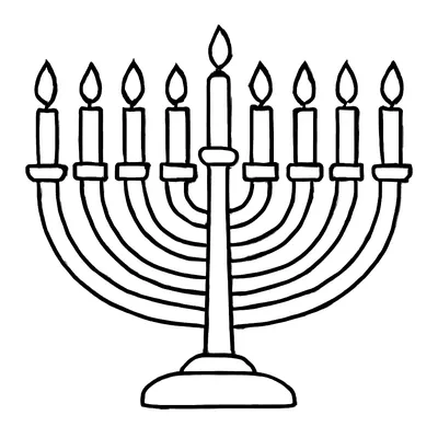 Simple Hanukkah coloring page of a menorah with nine lit candles: four on each side and the shamash raised in the middle.