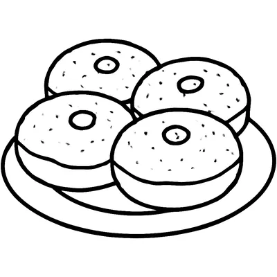 Simple Hanukkah coloring page of four sufganiyot, round jelly doughnuts dusted with sugar, on a plate.