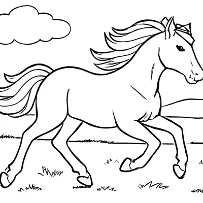 Horse coloring page of a horse galloping across a grassy field with its mane and tail flowing behind it.