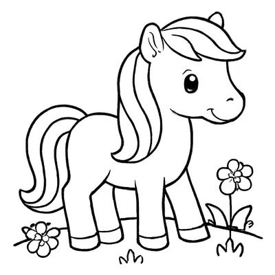 Simple horse coloring page of a pony with a long mane and tail standing in a meadow with flowers.