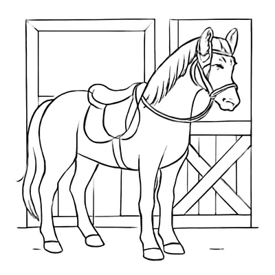 Horse coloring page of a horse wearing a saddle and bridle, standing in front of a stable with a wooden door.