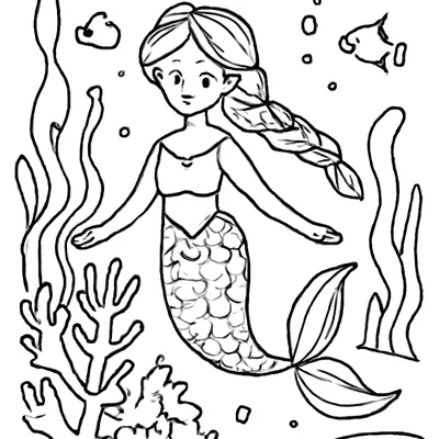 Mermaid coloring page of a mermaid with a long braid swimming among coral and seaweed, with fish and bubbles around her.