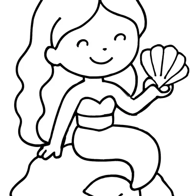 Simple mermaid coloring page of a smiling mermaid with long wavy hair sitting on a rock and holding up a seashell.