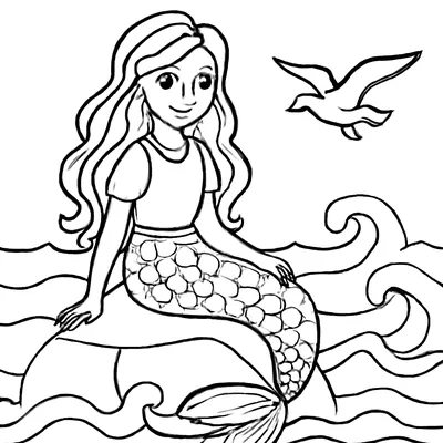 Mermaid coloring page of a mermaid in a short-sleeved top sitting on a rock among the waves, with a seagull flying past.