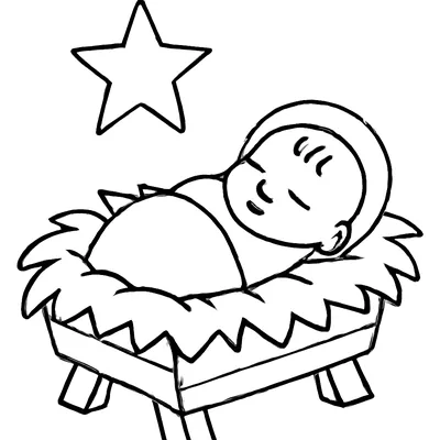 Simple nativity coloring page of baby Jesus asleep in a wooden manger full of hay, with a star above, thick outlines.