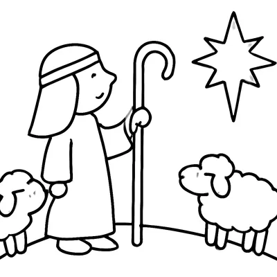 Simple nativity coloring page of a shepherd with a staff and two sheep on a hill, with a bright star in the sky.
