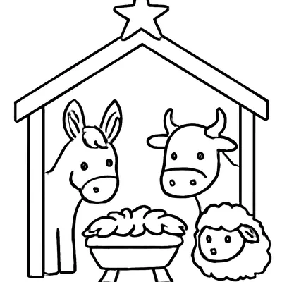 Nativity coloring page of the stable at Bethlehem with a donkey, an ox and a sheep beside an empty manger of hay, and a star on the roof.