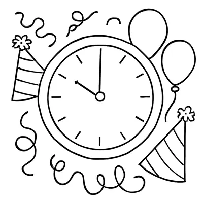 New Year coloring page of a round clock with tick marks and no numbers, surrounded by party hats, balloons and curly streamers.