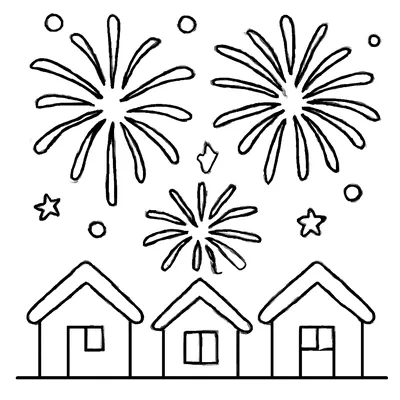 Simple New Year's Eve coloring page of three fireworks bursting over a row of three small houses, with stars and dots in a white sky.