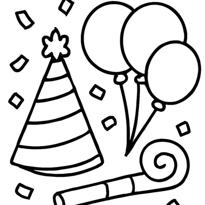 Simple New Year coloring page of a striped party hat, three balloons, a noisemaker and confetti, thick outlines.
