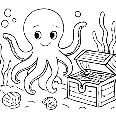 Ocean coloring page of a smiling octopus waving its arms next to an open treasure chest, with seaweed, shells and bubbles.