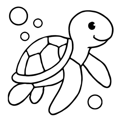 Simple ocean coloring page of a smiling sea turtle swimming with bubbles, its shell divided into big plates.