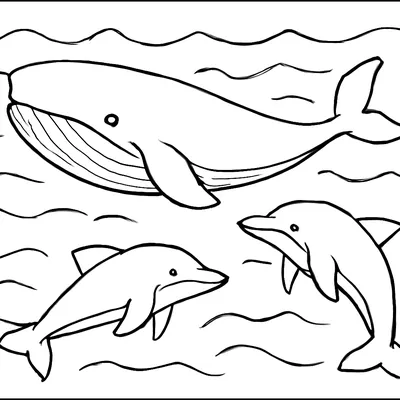 Ocean coloring page of a whale and two dolphins swimming below the waves.