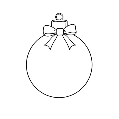 Simple coloring page of one round Christmas ornament with a bow and a hanging cap, the ball left empty so a child can draw its own pattern.