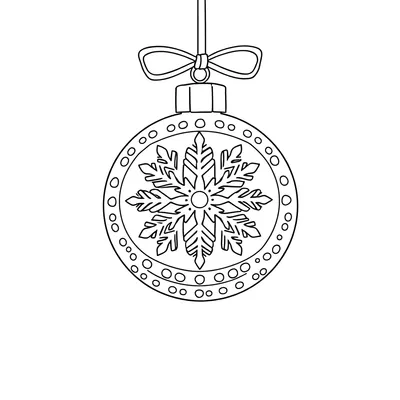 Coloring page of a round Christmas ornament hanging from a bow, with a large snowflake in the center ringed by small dots.